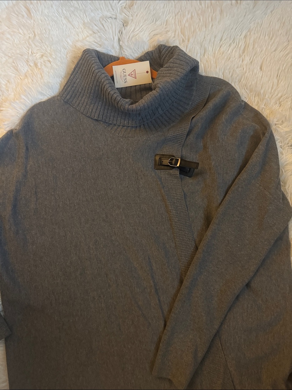 NWT GUESS womens Gray Turtleneck Sweater-Poncho with Buckle Detail